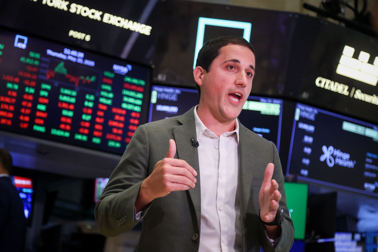 Daniel Perez, co-founder and chief executive officer of Hinge Health Inc., on the floor of the New York Stocks Exchange (NYSE) during the company's initial public offering (IPO) in New York, US, on Thursday, May 22, 2025. 