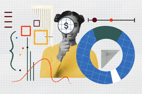 Photo and illustration composite of a person with 2 braided buns and dark features looking through a magnifying glass to represent investment analysis. 