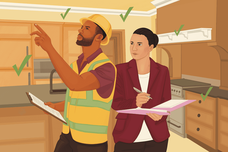 Illustration of a home inspector and real estate agent walking around a house before it's purchased.