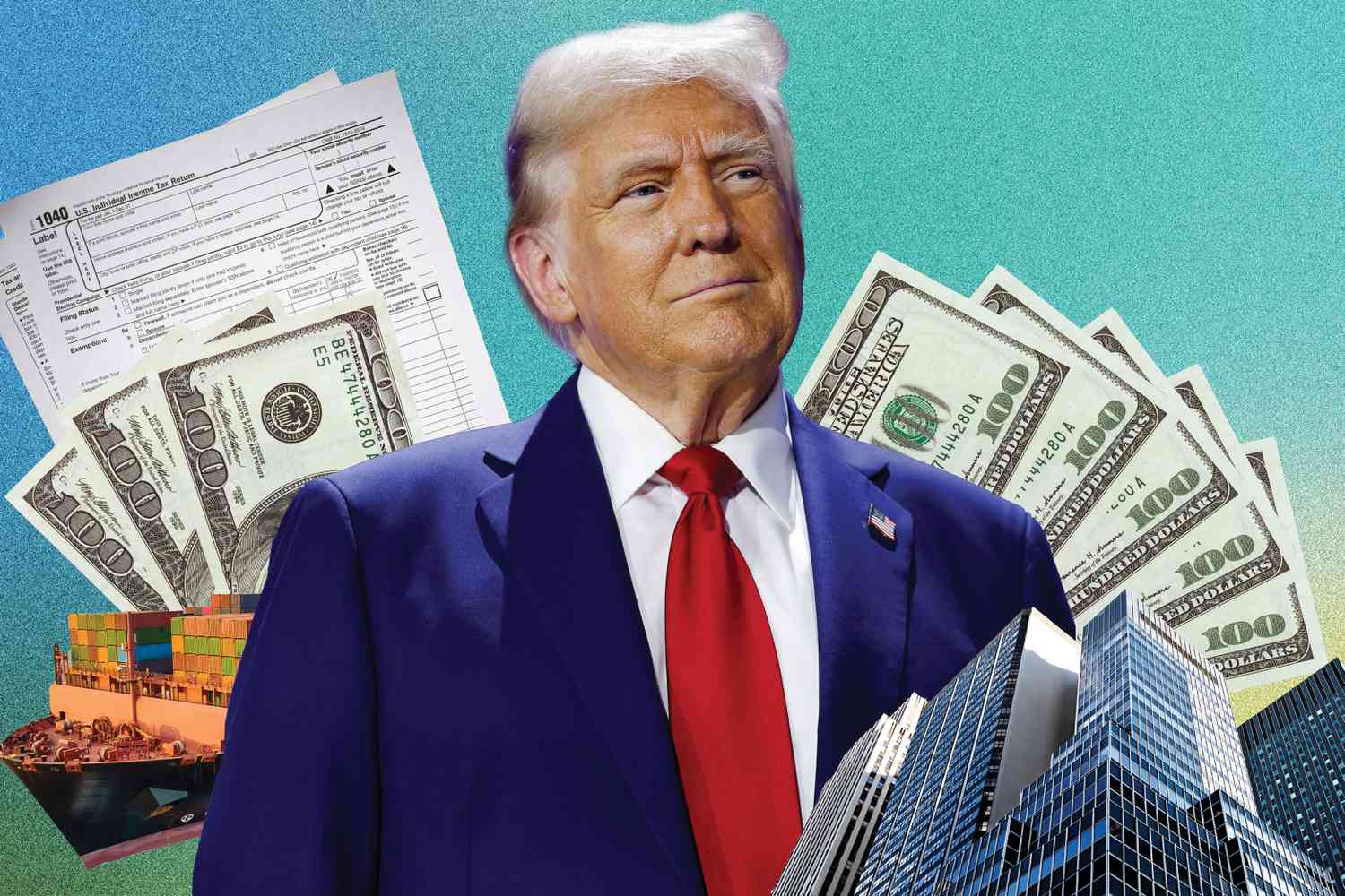 In this photo composite, Donald Trump is pictured in front of money, a cargo ship and tax forms. 