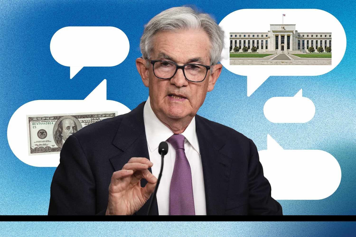 A photo composite shows Federal Reserve Chair Jerome Powell with speech bubbles filled with money and the Fed building. 