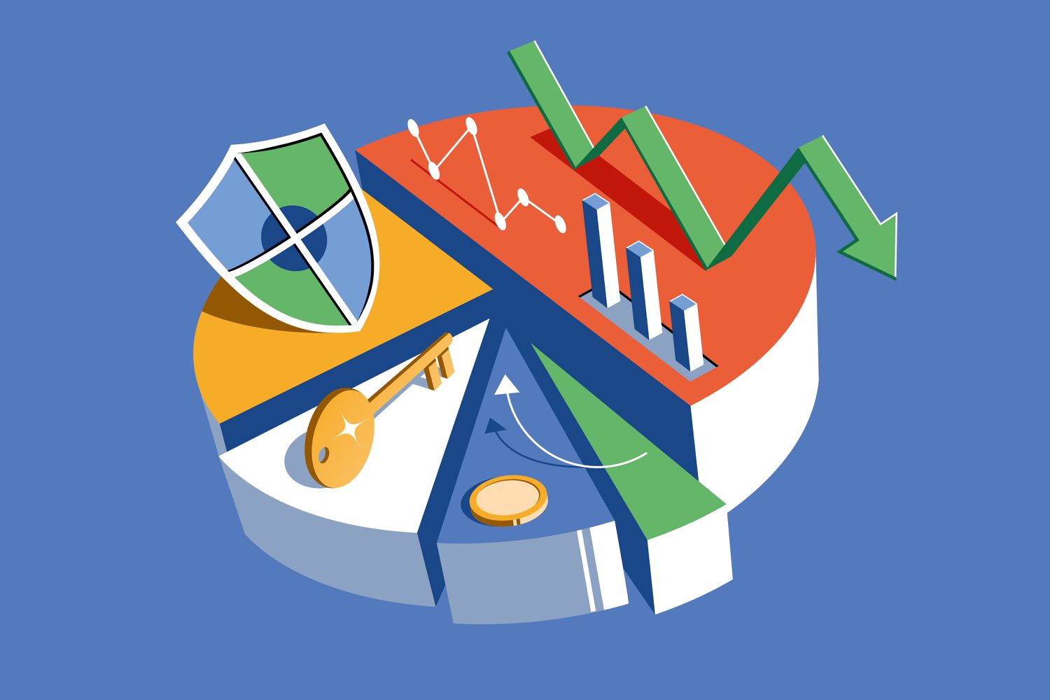 Illustration of a pie chart with financial symbols, depicting different pieces of an investment portfolio.