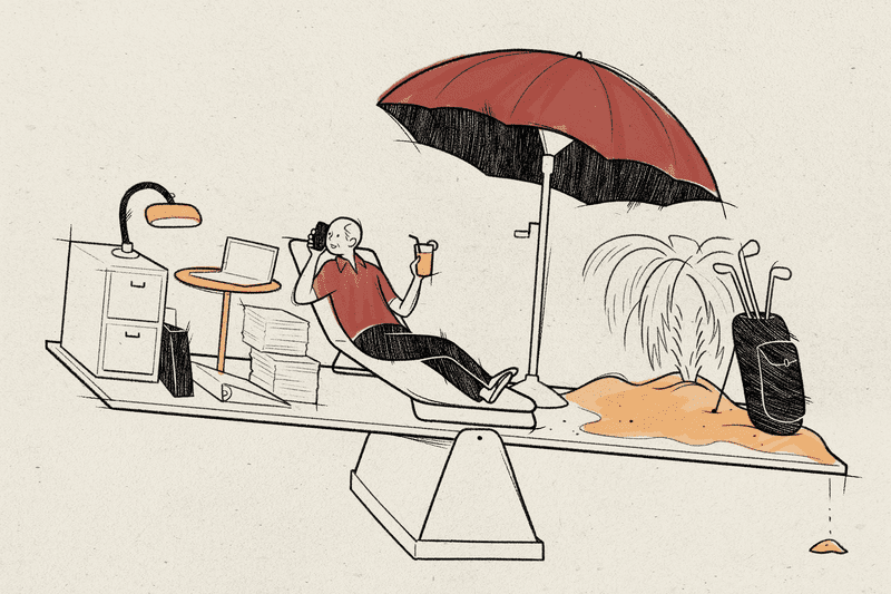 Illustration of a man sitting on a chair with his computer and golf clubs.