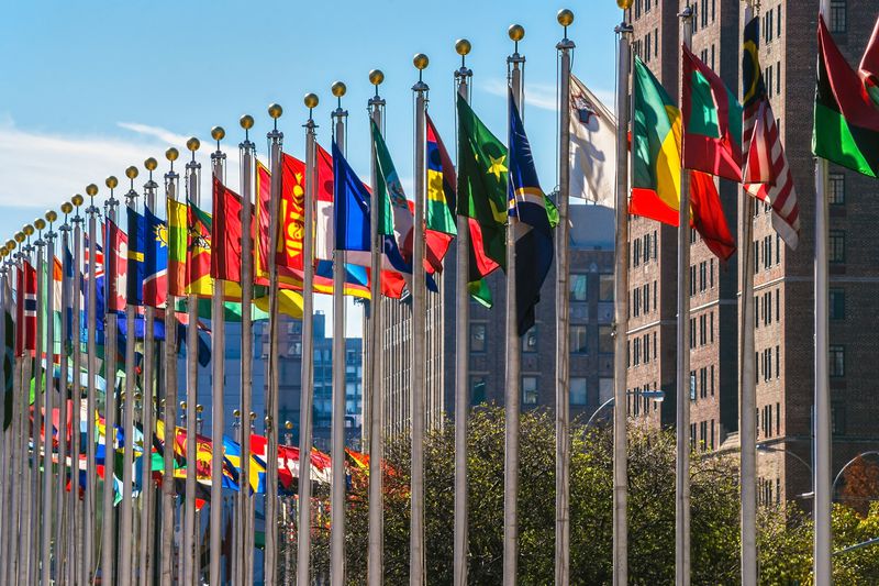The Flags of Nations display outside the United Nations building in Manhattan, New York.