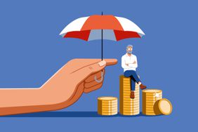 Illustration showing a person sitting on stacked coins under a large umbrella held by a hand.