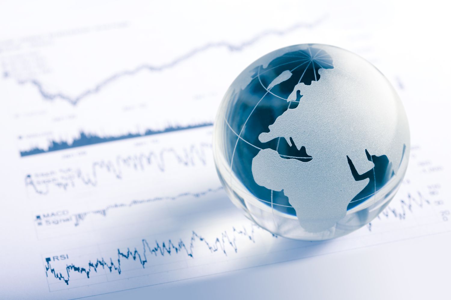 Glass globe resting on a stock chart.