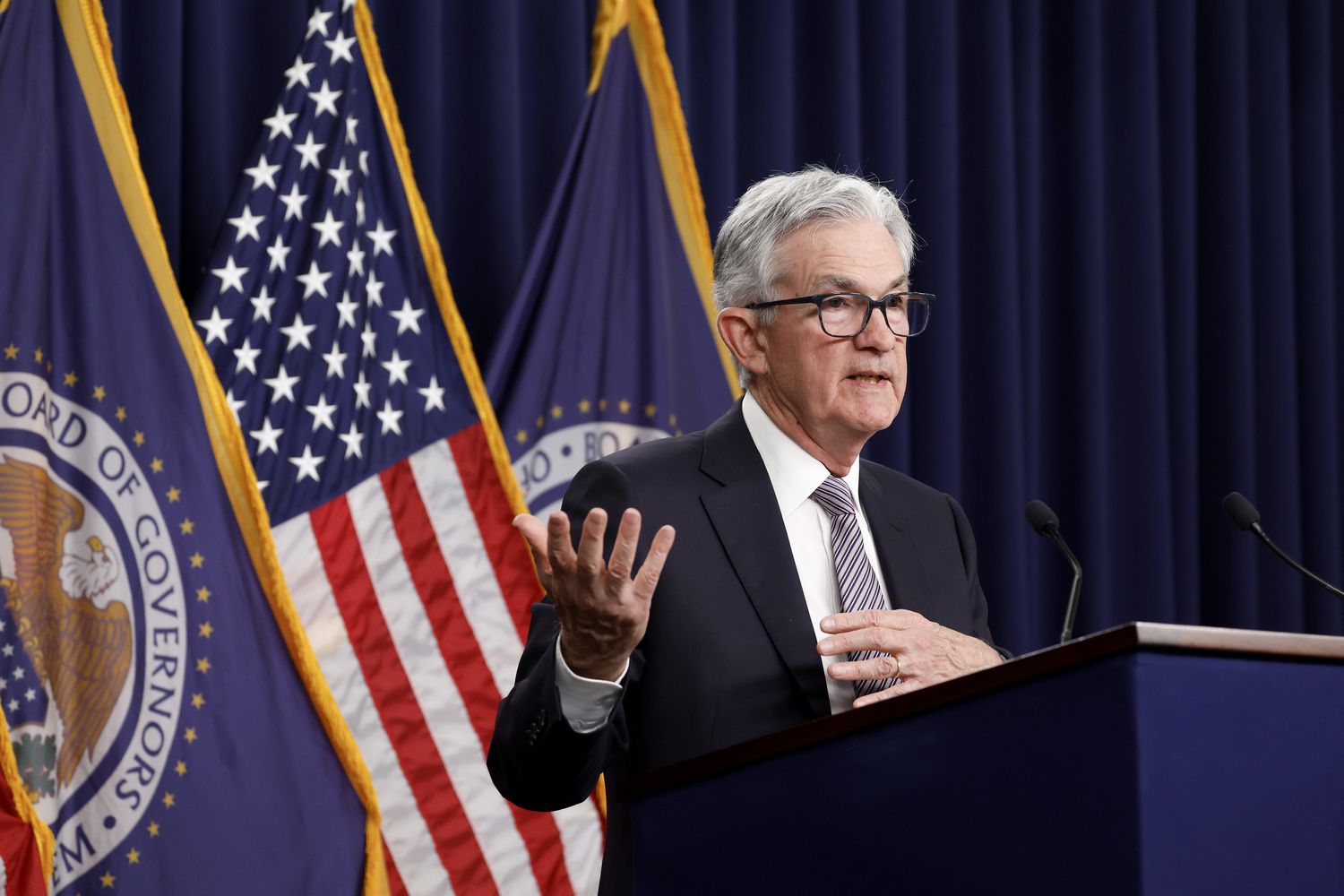 Federal Reserve Board Chairman Jerome Powell delivers remarks at a news conference following a Federal Open Market Committee meeting on May 3, 2023 in Washington, DC. The Federal Reserve announced a 0.25 percentage point interest rate increase bringing the key federal funds rate to more than 5%, a 16-year high. Photo by Anna Moneymaker / Getty Images