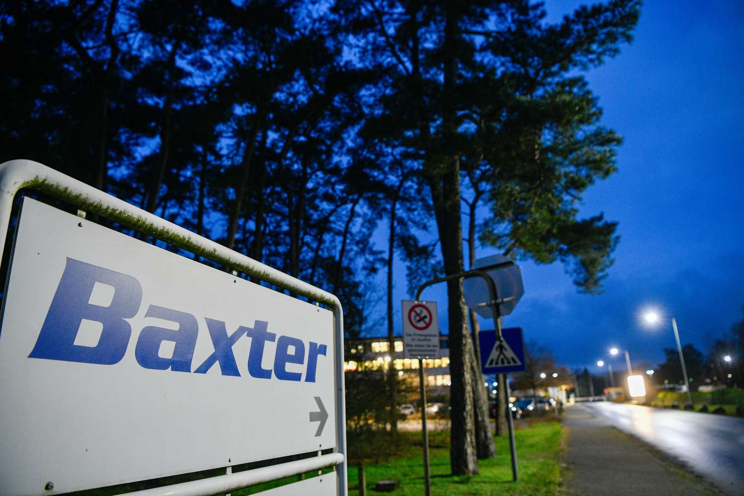 A sign outside a Baxter International facility. 