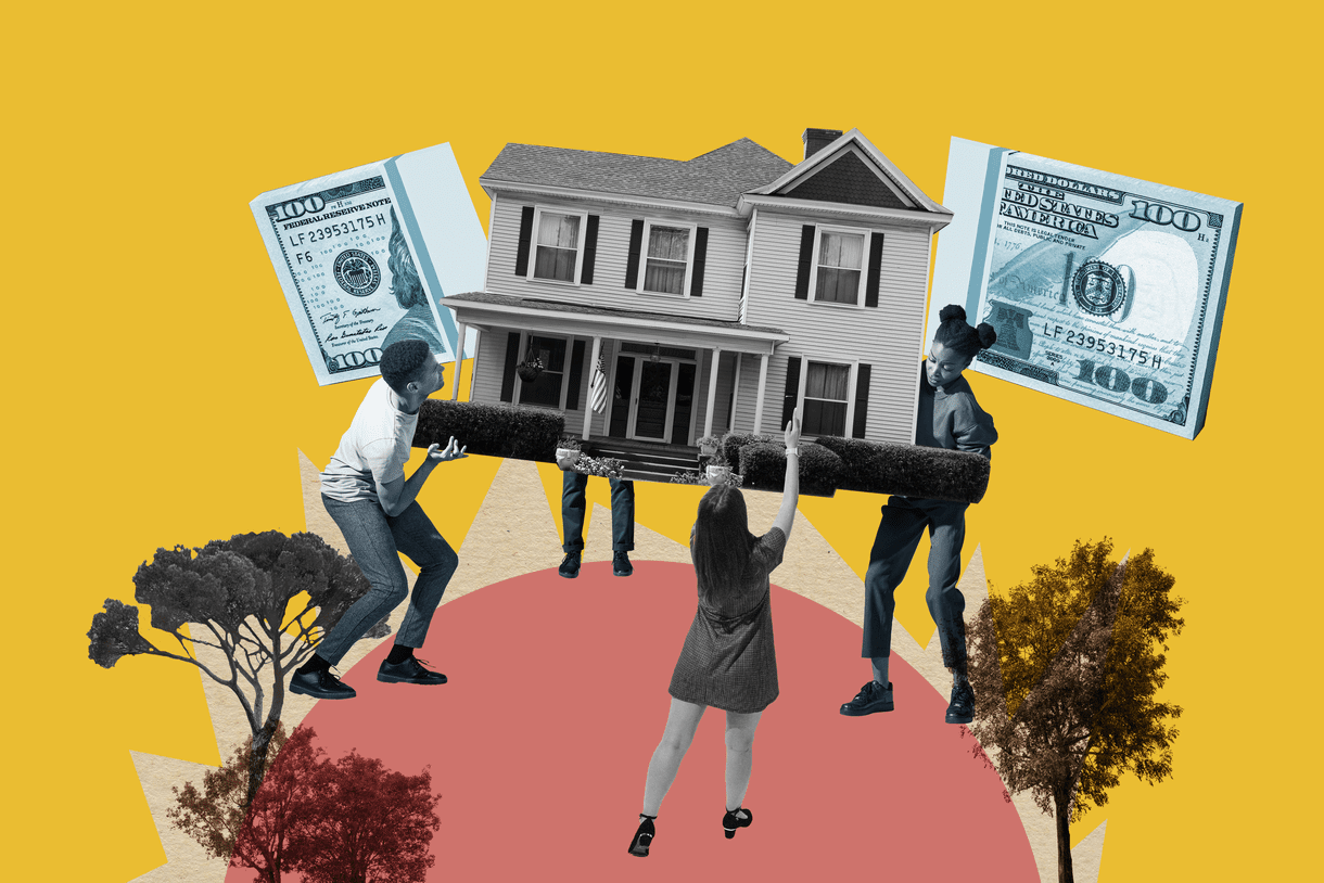 Collage of people holding a house together. 