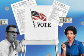 illustration showing ballot box, estate tax forms, dollar bills and people