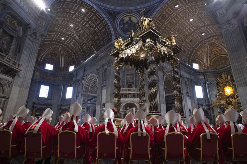 Cardinals attend mass on April 30 after the death of Pope Francis. 