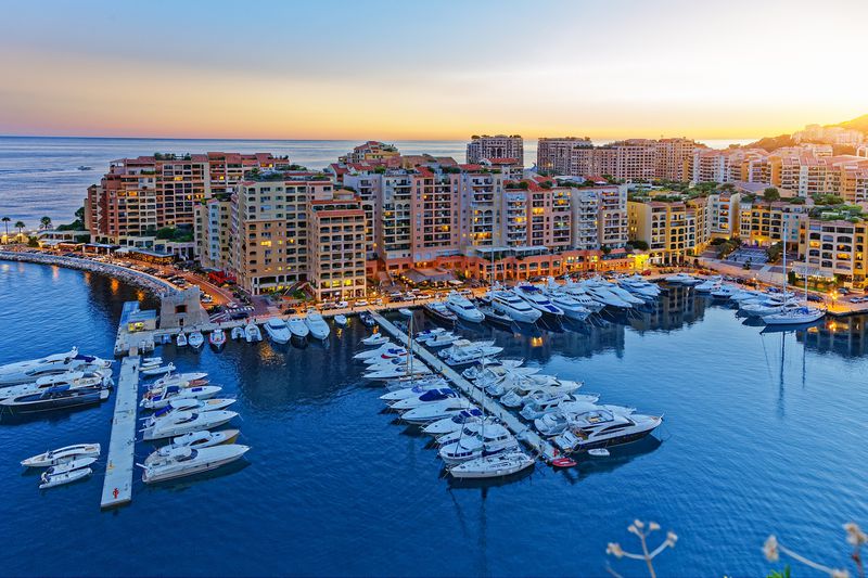 Fontvielle, Monaco harbor at sunset