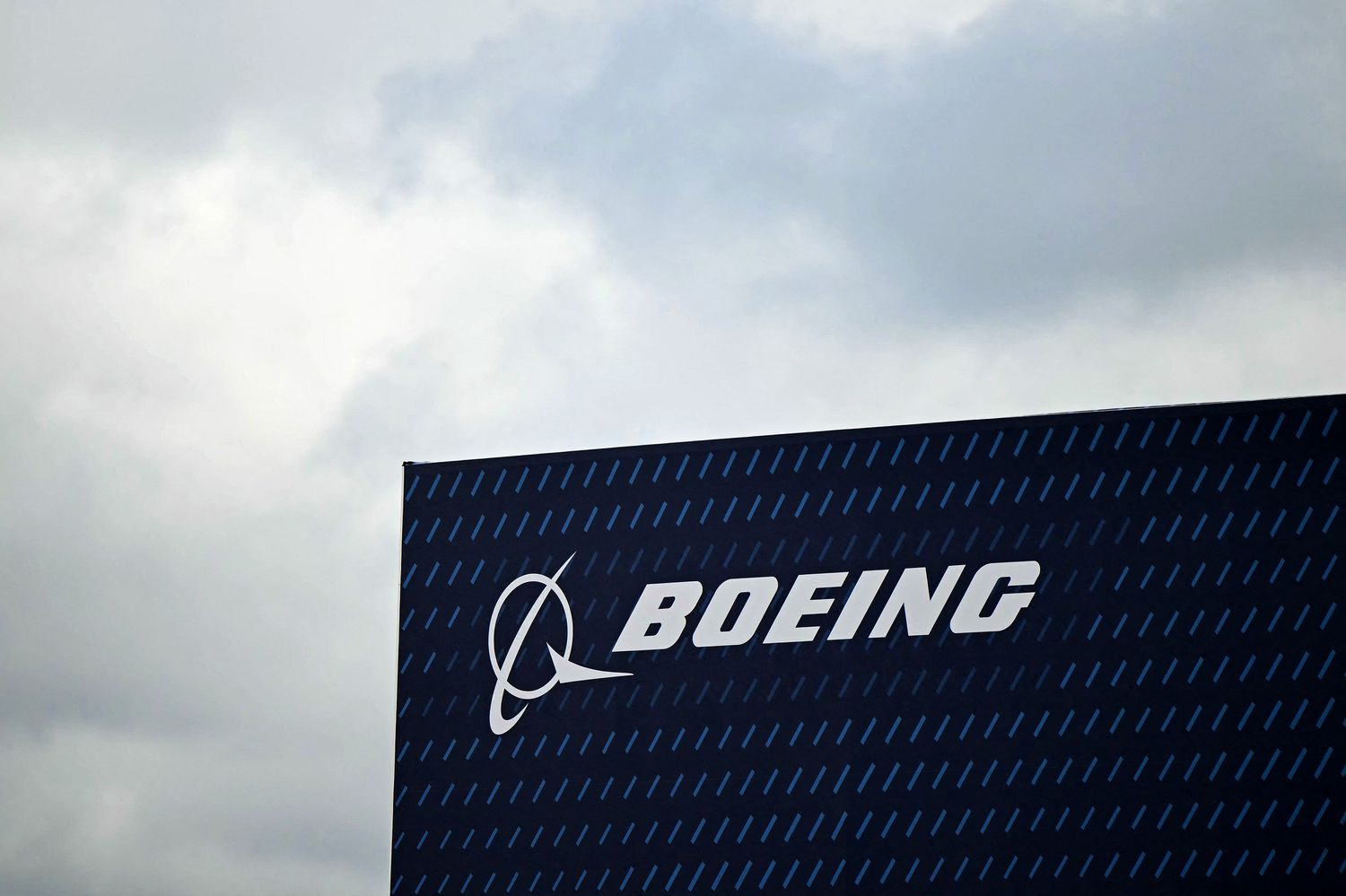 A logo is seen on the Boeing stand on the opening day of the Farnborough International Airshow 2024, on July 22, 2024