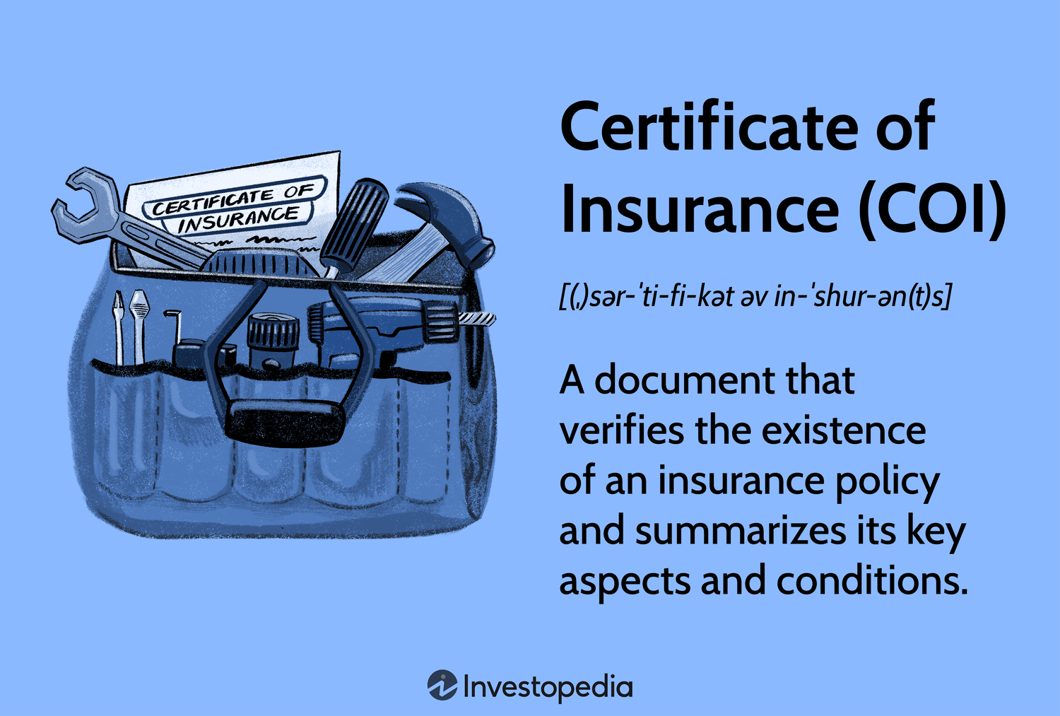 Certificate of Insurance (COI): A document that verifies the existence of an insurance policy and summarizes its key aspects and conditions.