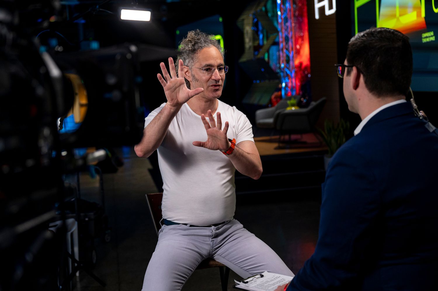 Alex Karp, chief executive officer of Palantir Technologies Inc., left, during a Bloomberg Technology television interview during the FoundryCon event in Palo Alto, California, US, on Thursday, March 7, 2024.