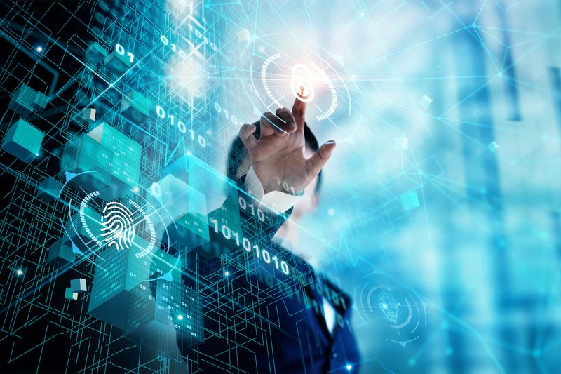 An illustration of someone putting their finger on a lock symbol in a wall of blockchain-like numbers.