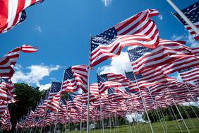 Multiple American flags flying on poles outside