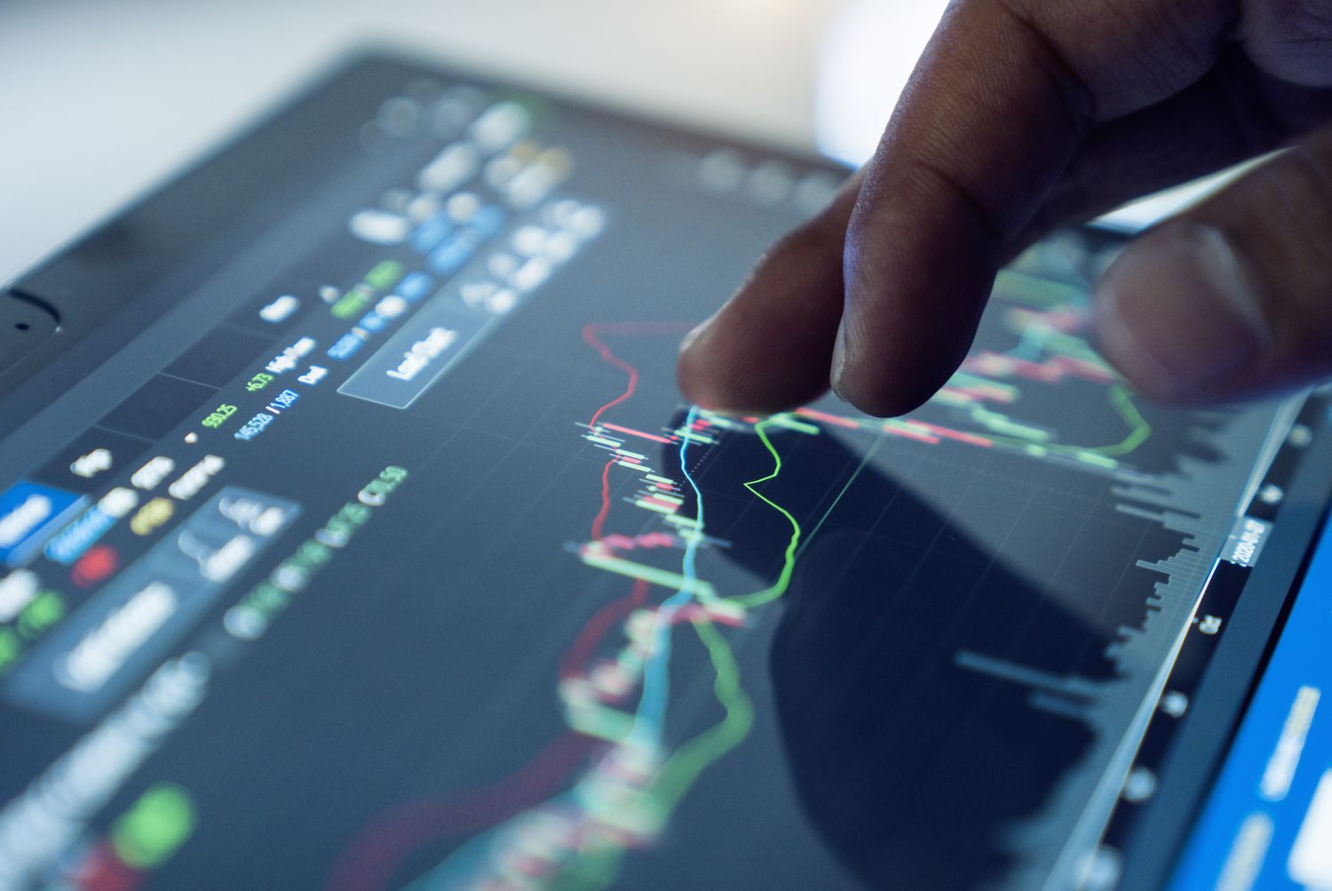 A close-up of a person's hand tapping a tablet displaying financial charts.