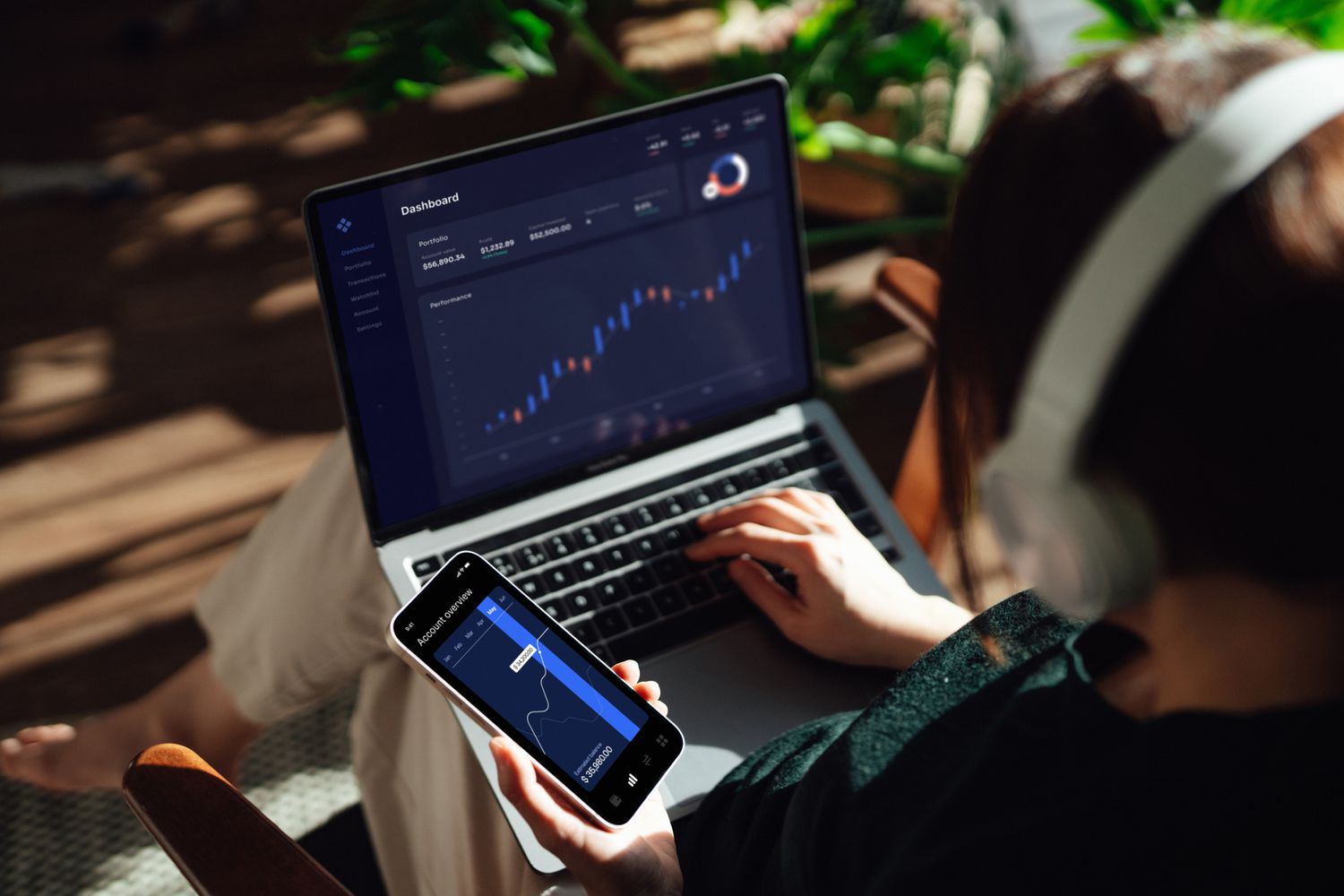 Woman managing finance with online banking. Investment and trading.