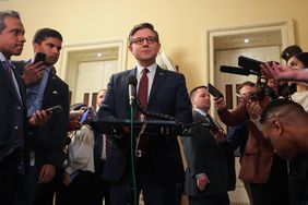 U.S. Speaker of the House Mike Johnson (R-LA) speaks to media after the House passed a Republican budget resolution.