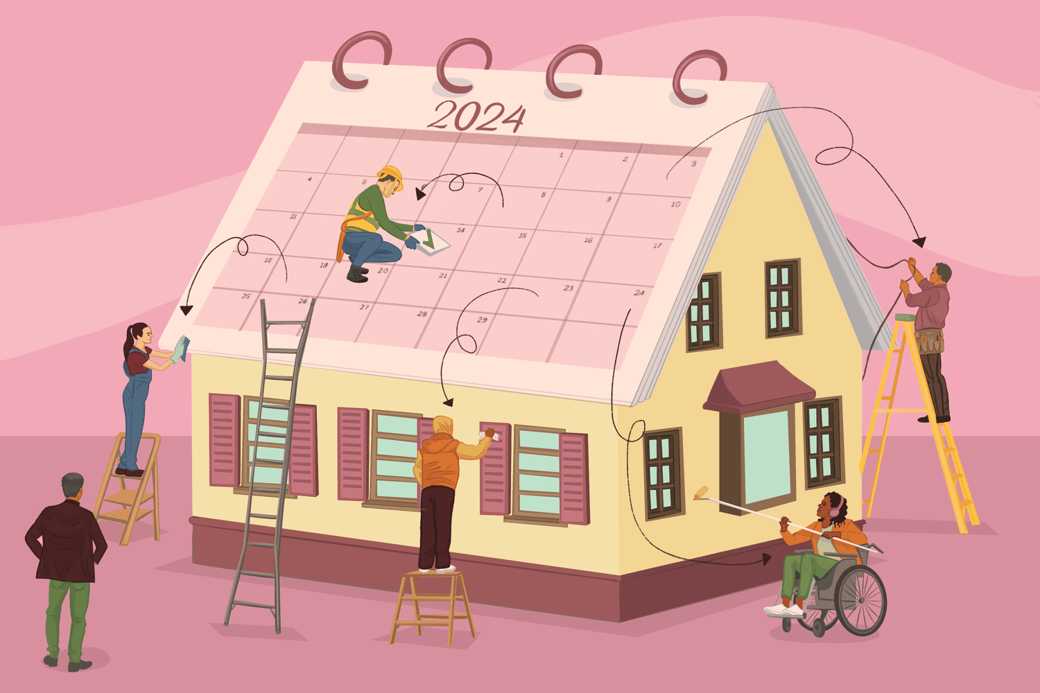 Illustration of a calendar on top of a house getting renovated.