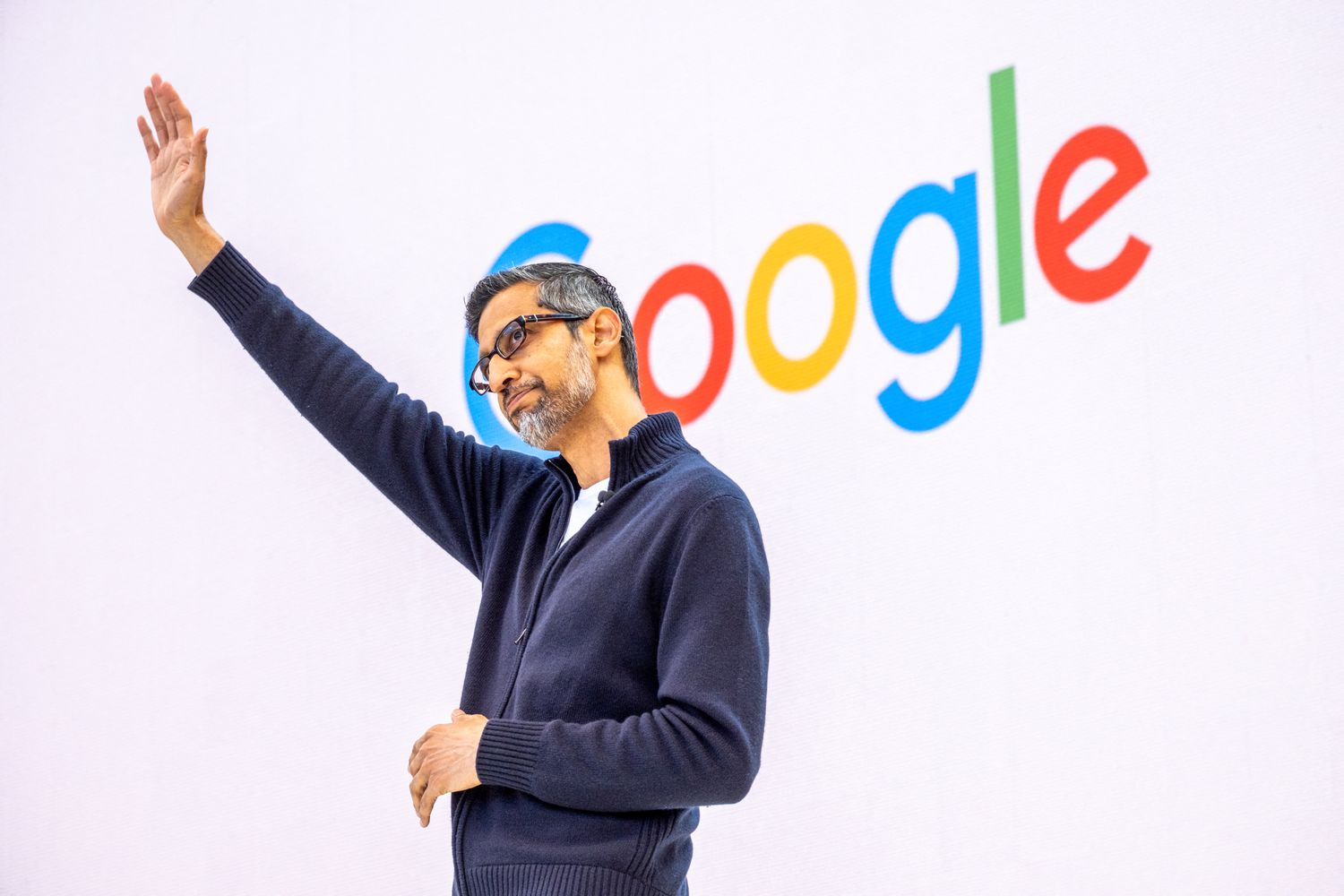 Google CEO Sundar Pichai waves at a company event in Mountain View, Calif., on May 20. 