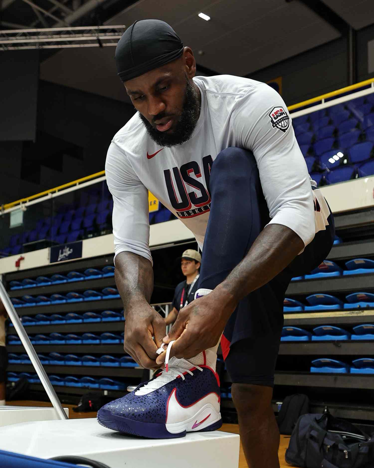 LeBron James #6 of the USA Men's National Team warms up during practice at Palais des Sports Marcel-Cerdan on July 30, 2024 in Paris, France.