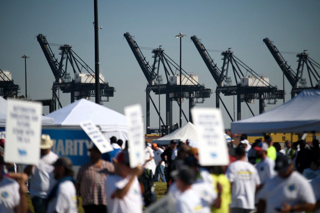 Dockworkers strike at the Bayport Container Terminal in Seabrook, Texas, on October 1, 2024. 