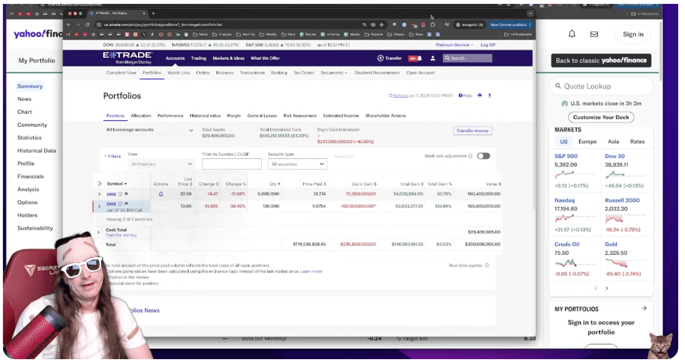 A screenshot of Keith Gill showing viewers his portfolio during a YouTube livestream on June 7, 2024.