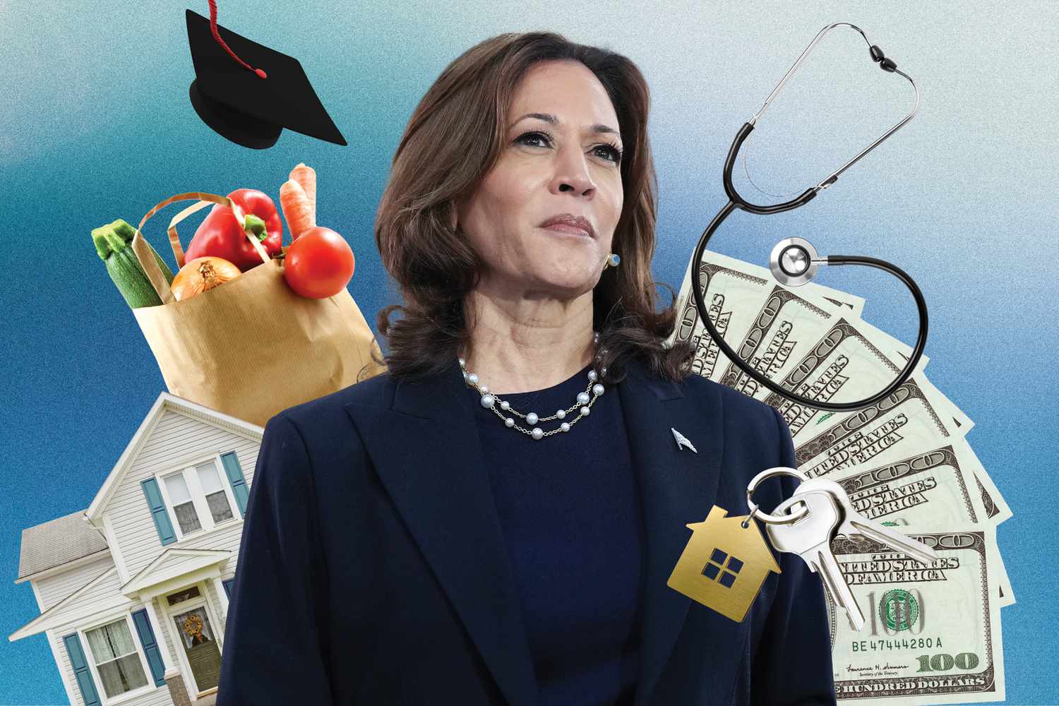 In this photo illustration Kamala Harris is pictured with a house, groceries, a graduation cap and money around her.